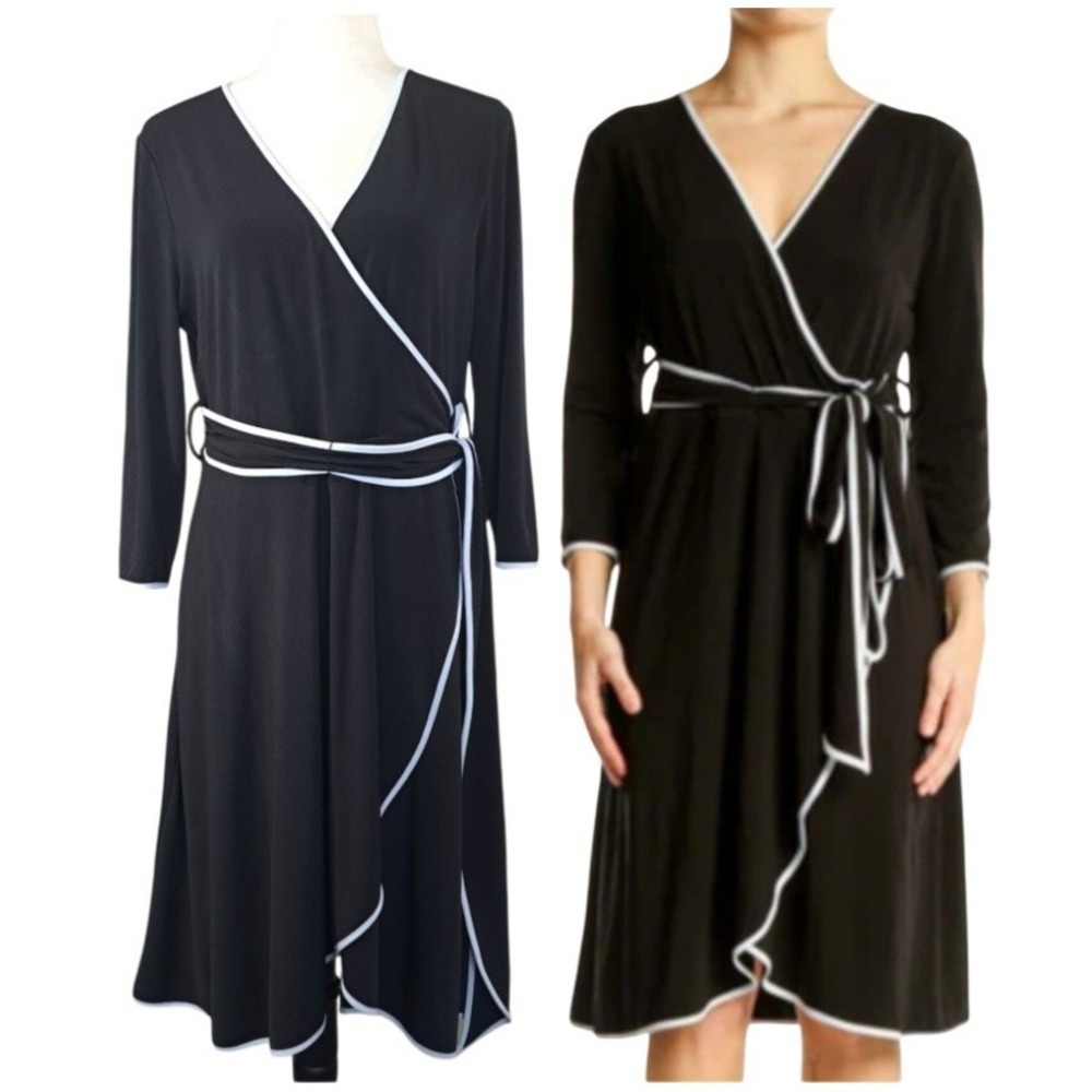 Calvin Klein Women's Black Size 10 Faux Wrap Cocktail Dress With White Trim